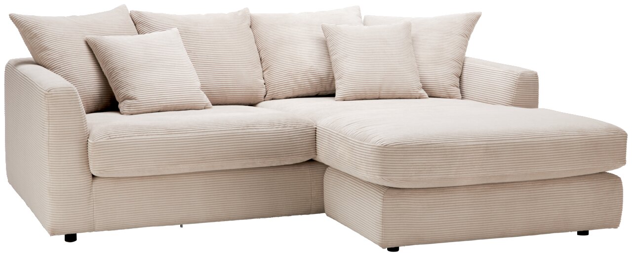 Beige Ecksofa mit mehreren Kissen, Vorderansicht