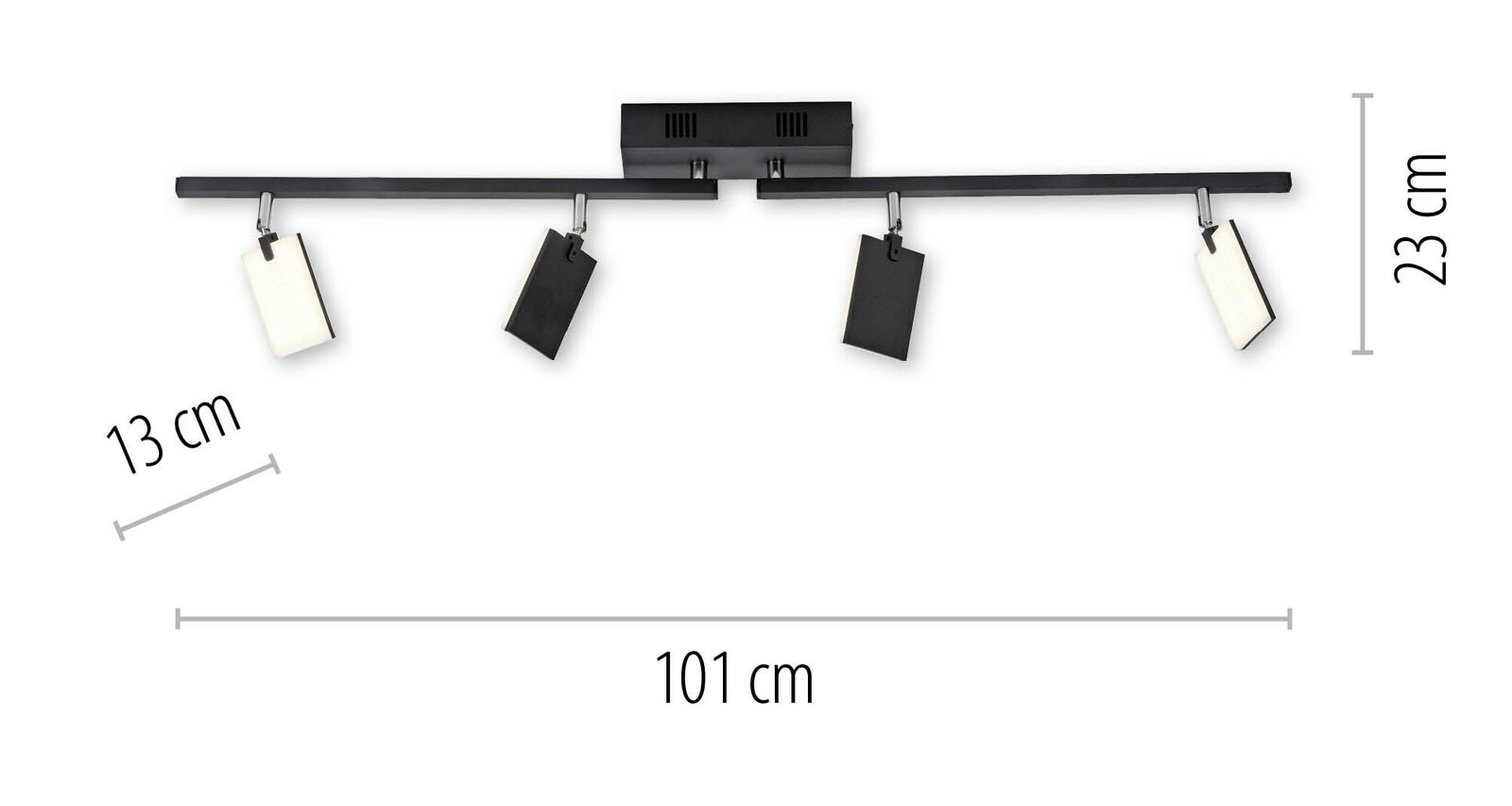 Moderne Deckenleuchte PURE-MIRA von Paul Neuhaus mit vier rechteckigen, verstellbaren Leuchtelementen in einer horizontalen Anordnung, Gesamtbreite 101 cm, aus der Vorderansicht.