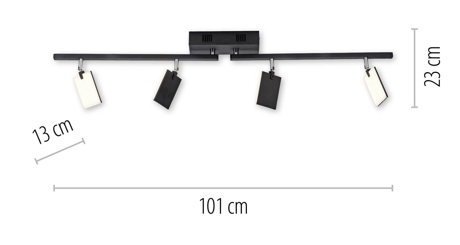 Moderne Deckenleuchte PURE-MIRA von Paul Neuhaus mit vier rechteckigen, verstellbaren Leuchtelementen in einer horizontalen Anordnung, Gesamtbreite 101 cm, aus der Vorderansicht.