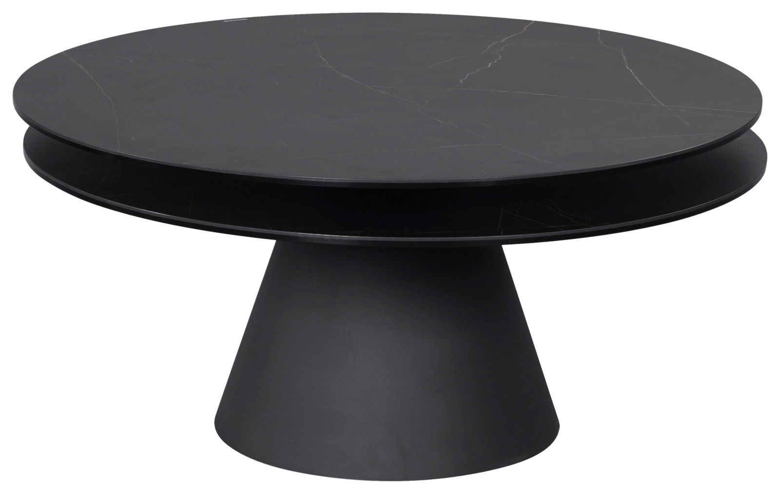 Runder schwarzer Couchtisch mit konischem Fuß, seitliche Perspektive