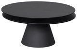 Runder schwarzer Couchtisch mit konischem Fuß, seitliche Perspektive