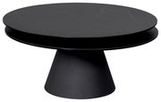 Runder schwarzer Couchtisch mit konischem Fuß, seitliche Perspektive