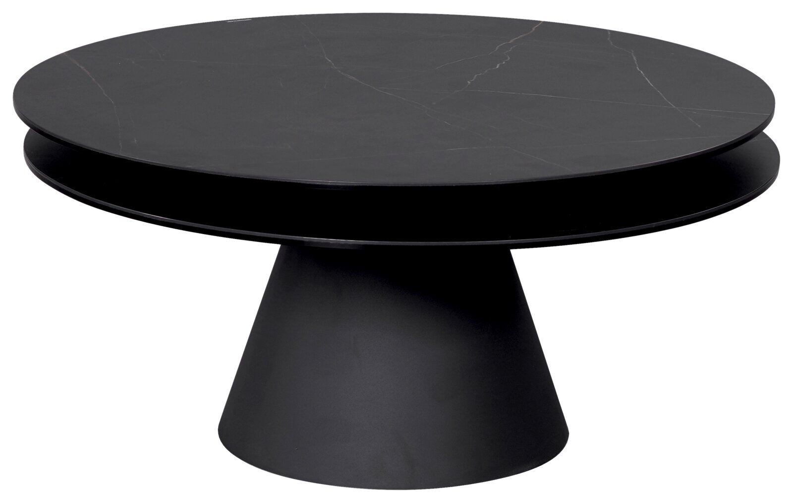 Runder schwarzer Couchtisch mit konischem Fuß, seitliche Perspektive