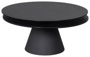 Runder schwarzer Couchtisch mit konischem Fuß, seitliche Perspektive