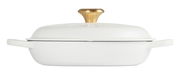 Seitliche Ansicht eines weißen Gourmet Profitopfs mit goldfarbenem Knauf und zwei Griffen.
