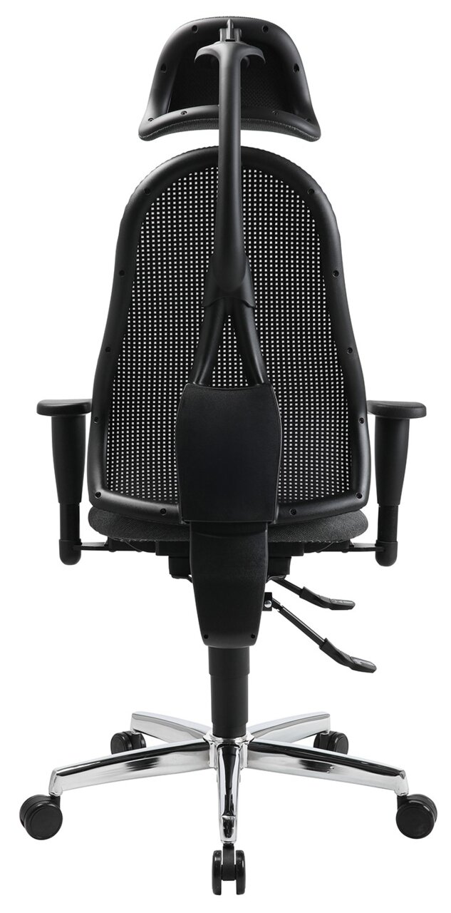 Rückansicht eines ergonomischen Drehstuhls mit Netzrückenlehne und verstellbarer Kopfstütze, auf einem verchromten Fußkreuz mit Rollen.