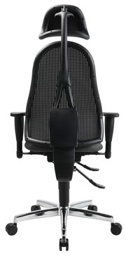 Rückansicht eines ergonomischen Drehstuhls mit Netzrückenlehne und verstellbarer Kopfstütze, auf einem verchromten Fußkreuz mit Rollen.