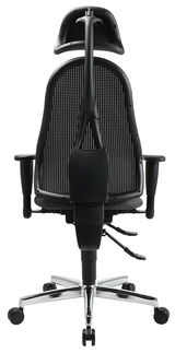 Rückansicht eines ergonomischen Drehstuhls mit Netzrückenlehne und verstellbarer Kopfstütze, auf einem verchromten Fußkreuz mit Rollen.