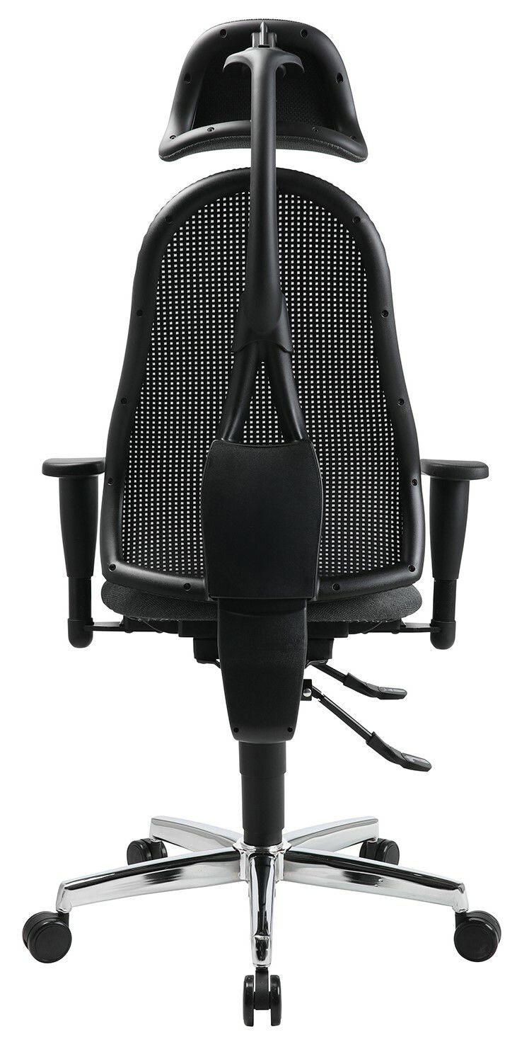 Rückansicht eines ergonomischen Drehstuhls mit Netzrückenlehne und verstellbarer Kopfstütze, auf einem verchromten Fußkreuz mit Rollen.