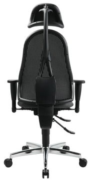 Rückansicht eines ergonomischen Drehstuhls mit Netzrückenlehne und verstellbarer Kopfstütze, auf einem verchromten Fußkreuz mit Rollen.