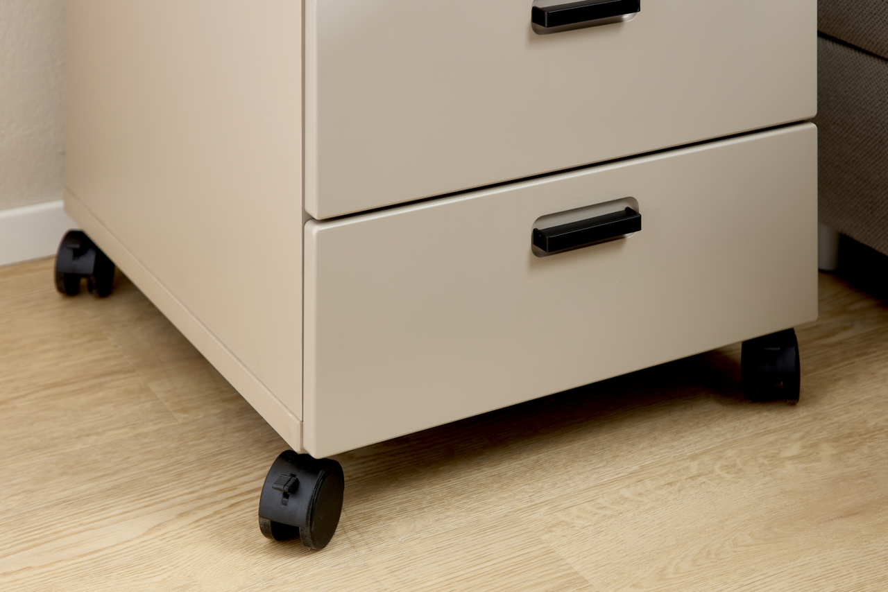 Rollcontainer mit zwei Schubladen und schwarzen Griffen, auf Rollen, seitliche Perspektive