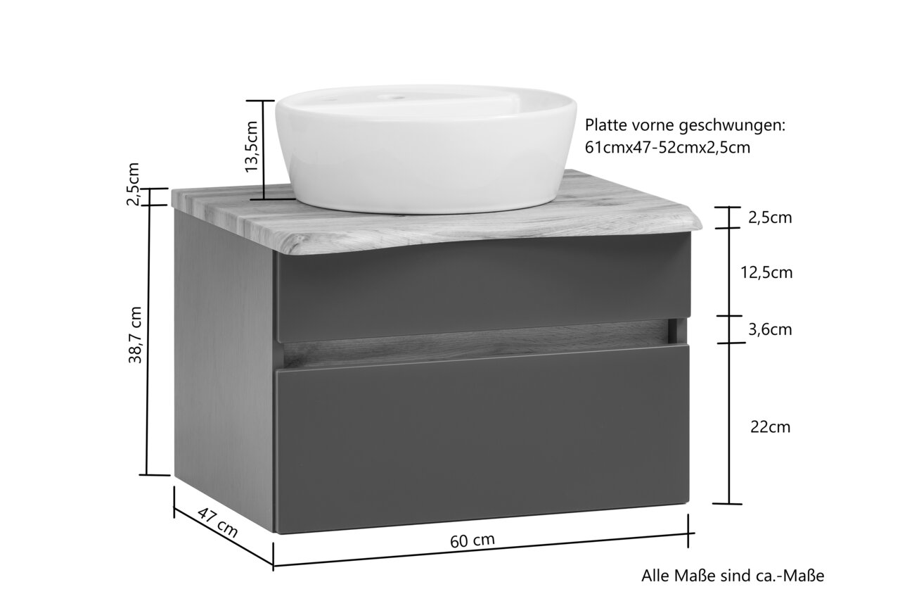 Waschtisch-Set mit weißem Aufsatzwaschbecken und grauem Unterschrank, seitliche Perspektive