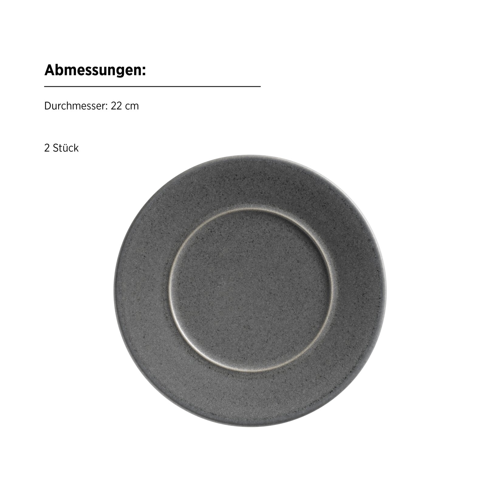 Grauer, gesprenkelter Keramik-Teller mit breitem Rand, Durchmesser 22 cm (2 Stück), Draufsicht von oben auf weißem Hintergrund.