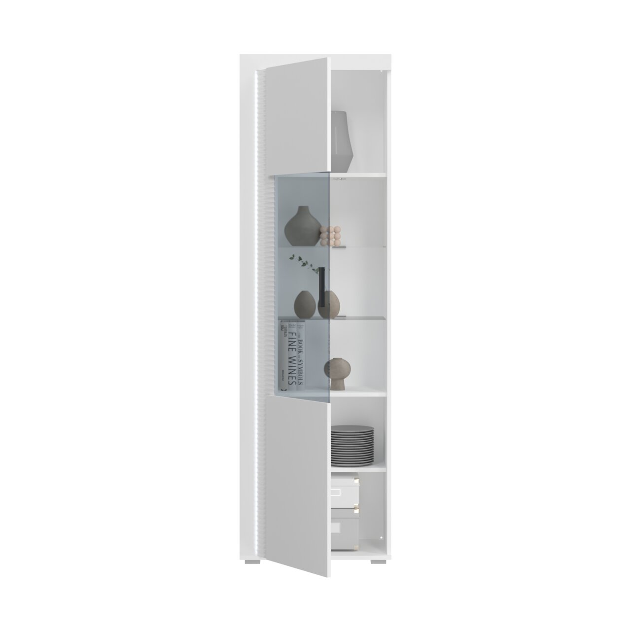Moderne weiße Vitrine mit Glastür, seitliche Perspektive