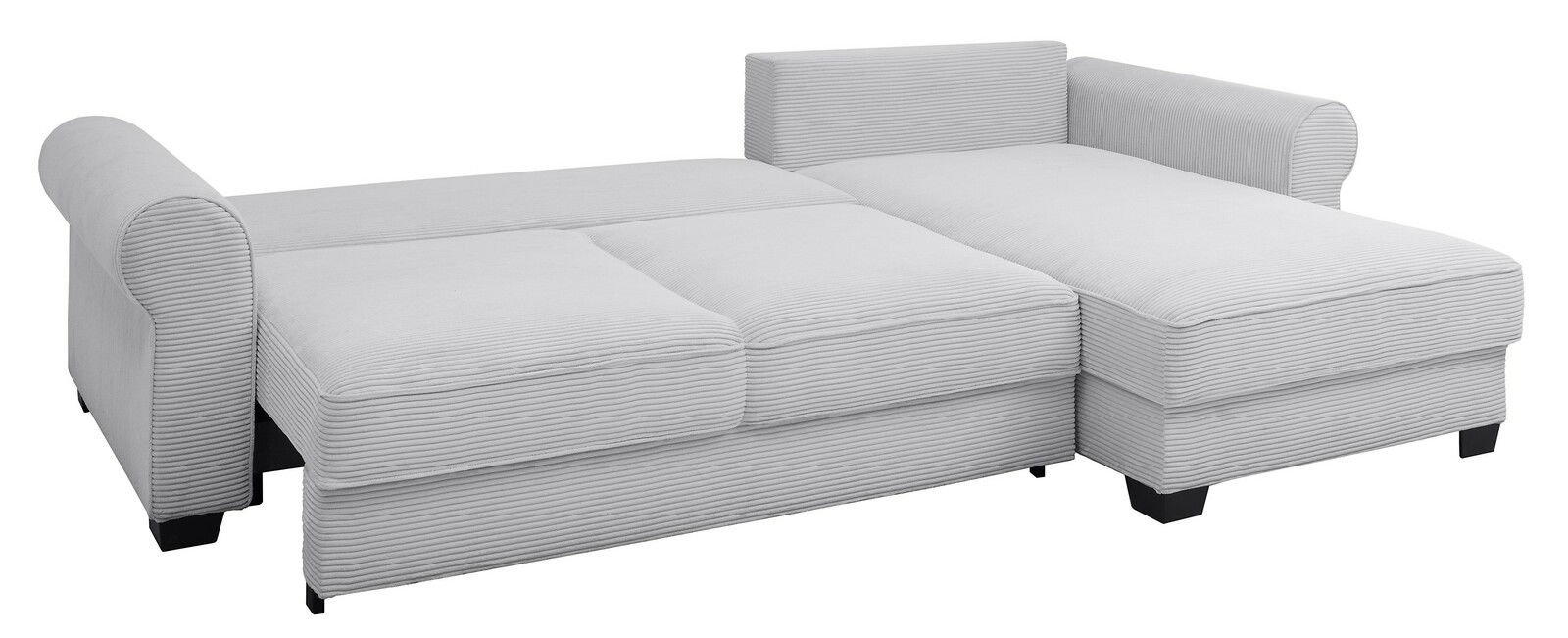 Helle, moderne Rundecke mit geripptem Stoffbezug, aus seitlicher Perspektive fotografiert.