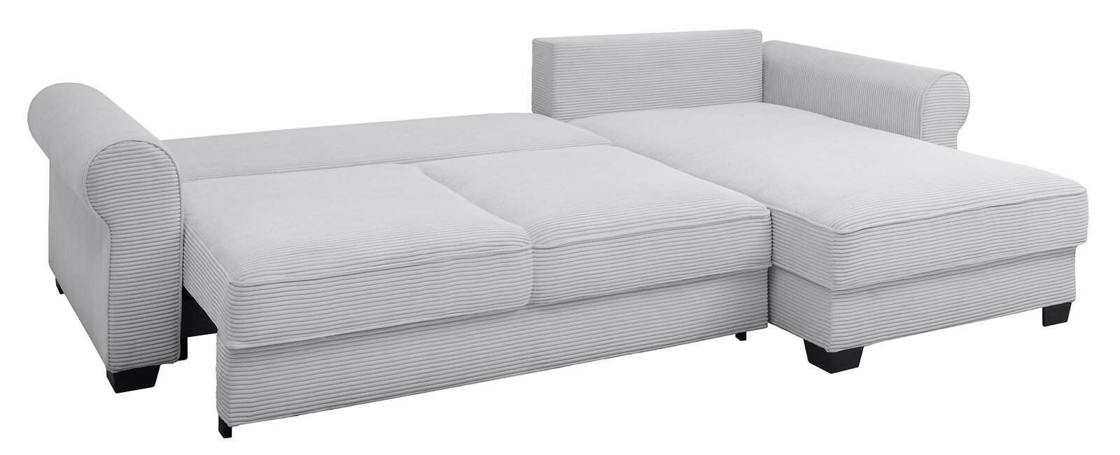 Helle, moderne Rundecke mit geripptem Stoffbezug, aus seitlicher Perspektive fotografiert.