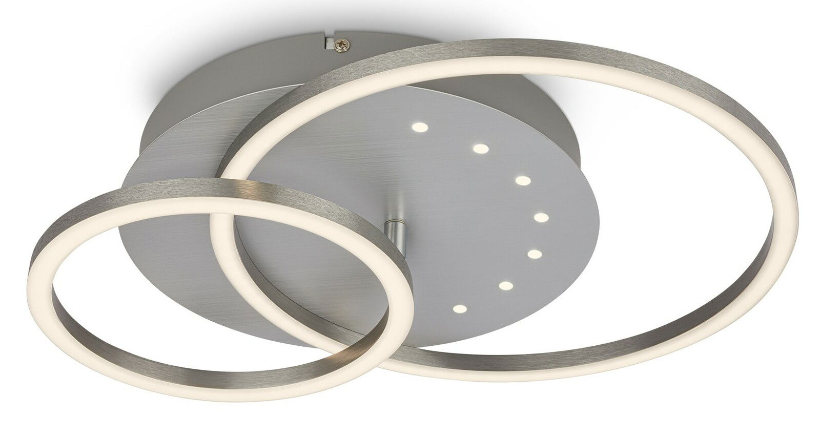 Moderne LED Deckenleuchte mit zwei ineinander verschlungenen Leuchtringen und LED-Punkten, Ansicht von unten.