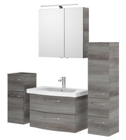 Badezimmermöbel-Set in Holzoptik mit Waschbecken, Spiegelschrank und Stauraum, Frontalansicht