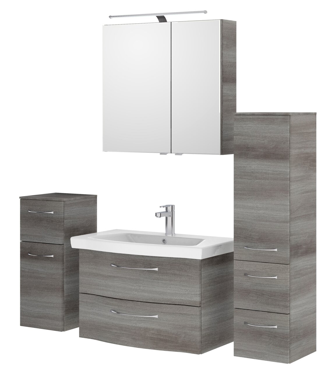 Badezimmermöbel-Set in Holzoptik mit Waschbecken, Spiegelschrank und Stauraum, Frontalansicht