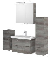 Badezimmermöbel-Set in Holzoptik mit Waschbecken, Spiegelschrank und Stauraum, Frontalansicht