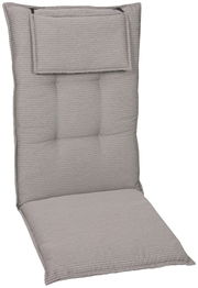 Hochlehnerauflage in grauer Farbe, frontal fotografiert, mit gepolstertem Kopfteil und strukturierter Oberfläche.