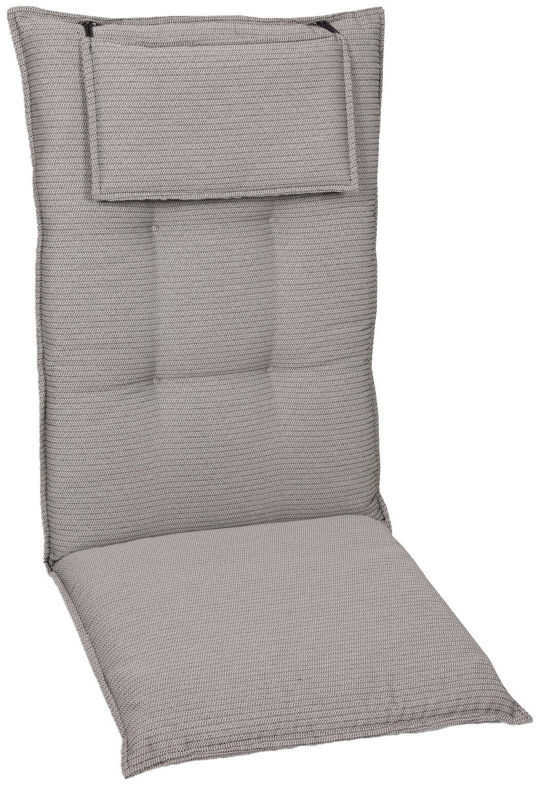 Hochlehnerauflage in grauer Farbe, frontal fotografiert, mit gepolstertem Kopfteil und strukturierter Oberfläche.