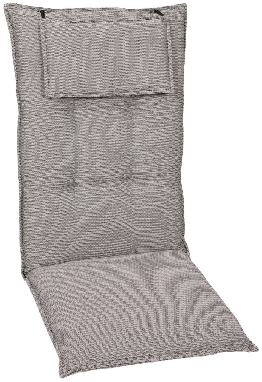 Hochlehnerauflage in grauer Farbe, frontal fotografiert, mit gepolstertem Kopfteil und strukturierter Oberfläche.