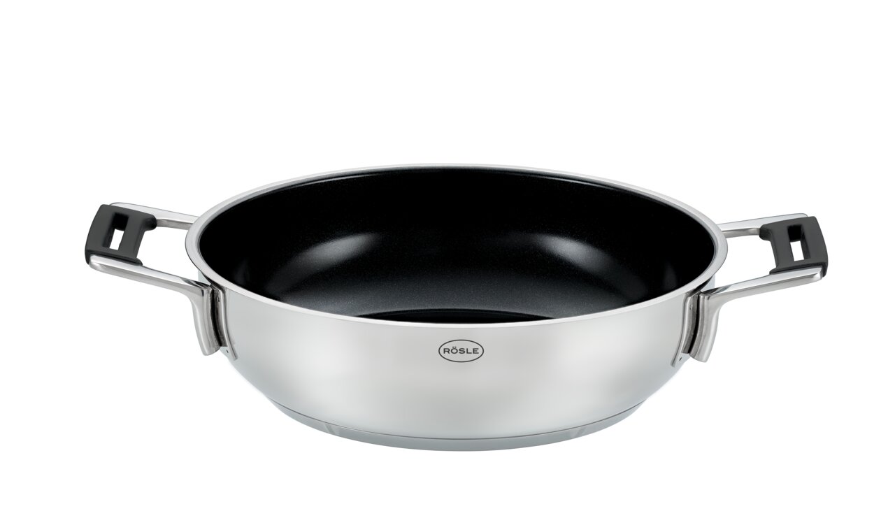 Rösle Servierpfanne 24 cm SILENCE PRO ProCeraPlus Servierpfanne aus Edelstahl mit schwarzer Antihaftbeschichtung und zwei Griffen, seitliche Perspektive