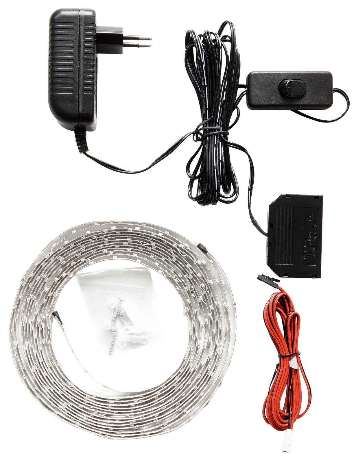 Hom´in LED-Band-Beleuchtung PERGOLA LED Band-Beleuchtung Set mit Netzteil, Schalter, LED-Streifen, Befestigungsmaterial und Kabel, aus der Vogelperspektive fotografiert.