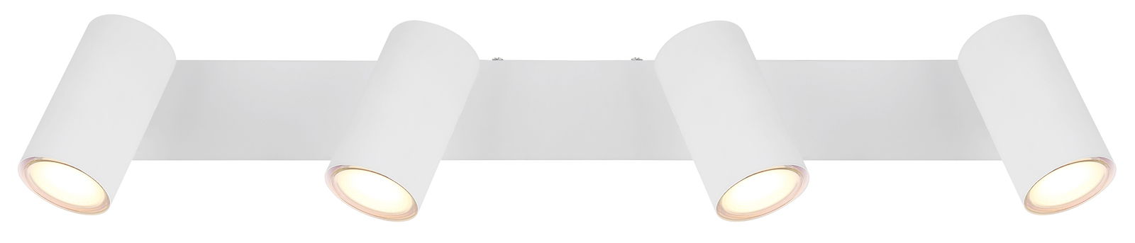 Moderner weißer Strahler mit vier zylindrischen Leuchten, seitliche Perspektive