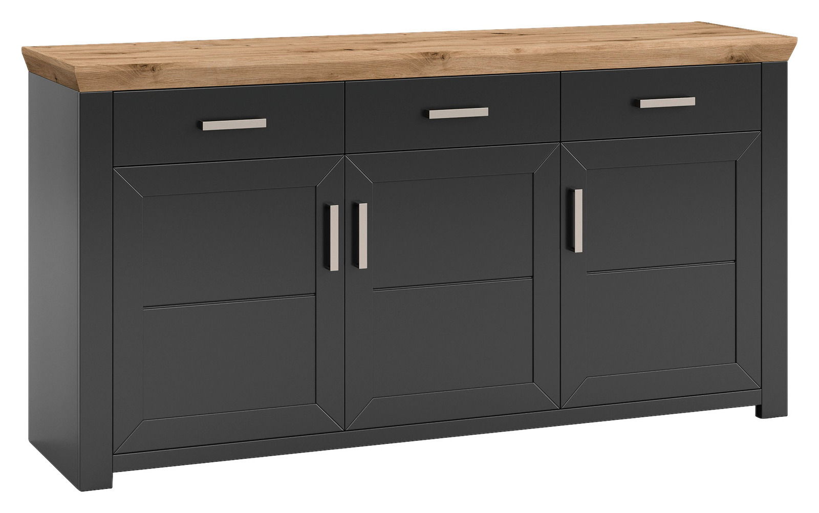 Set one by Musterring Sideboard YORK Modernes Sideboard in dunklem Grau mit drei Schubladen und drei Türen, Holzplatte oben, Frontalansicht.