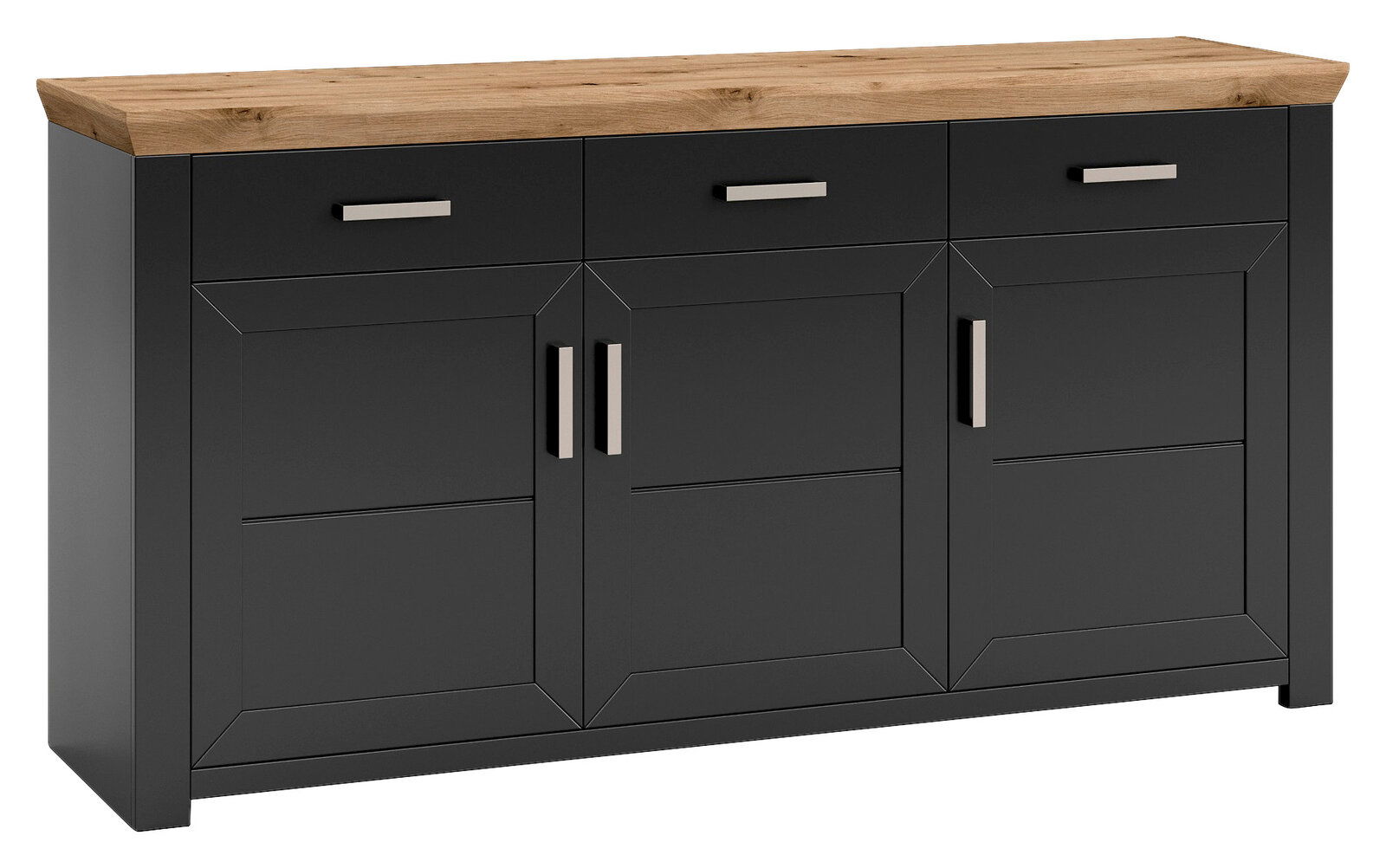 Modernes Sideboard in dunklem Grau mit drei Schubladen und drei Türen, Holzplatte oben, Frontalansicht.