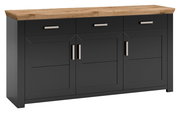 Modernes Sideboard in dunklem Grau mit drei Schubladen und drei Türen, Holzplatte oben, Frontalansicht.