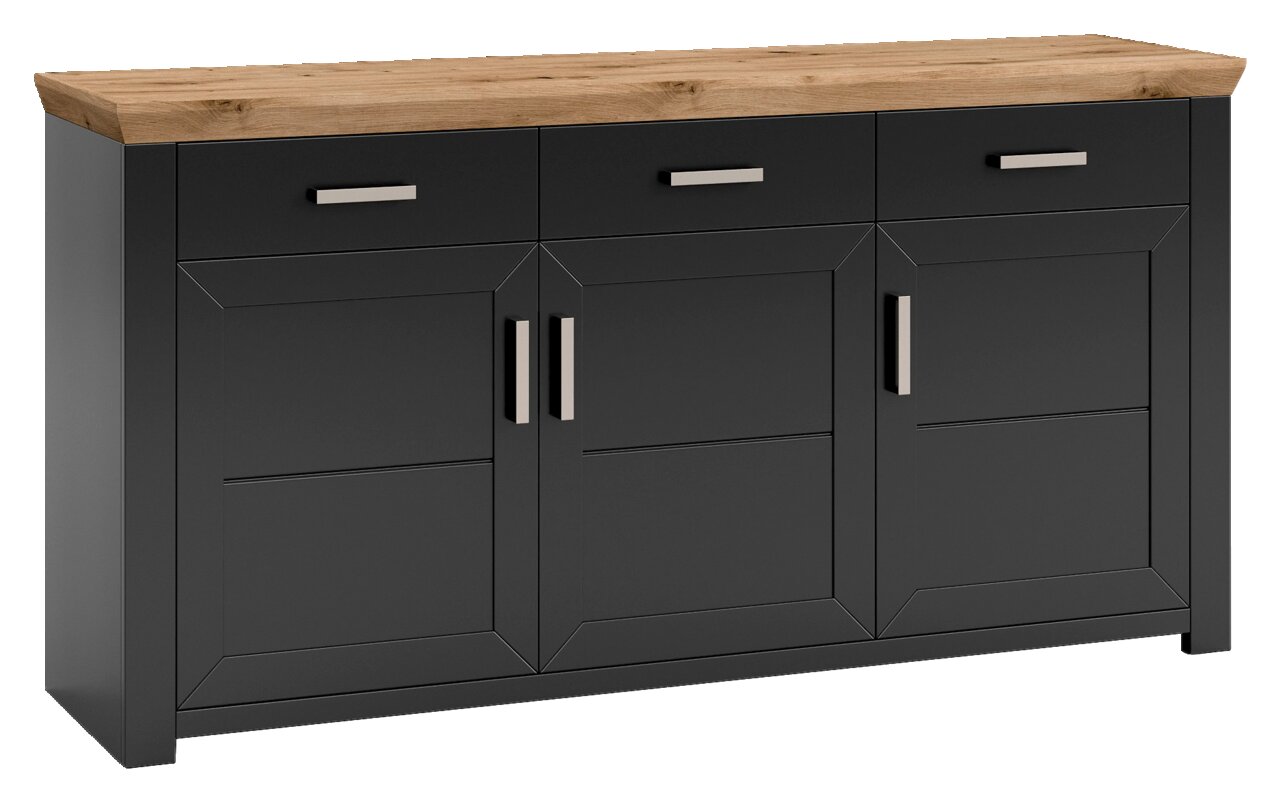 Modernes Sideboard in dunklem Grau mit drei Schubladen und drei Türen, Holzplatte oben, Frontalansicht.