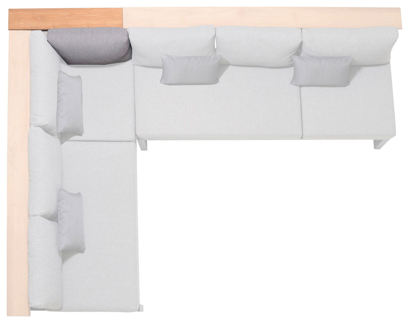 Eck-Rückenlehne in L-Form, Ansicht von oben, mit hellgrauen Kissen und Holzdetails.