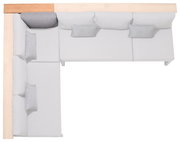 Eck-Rückenlehne in L-Form, Ansicht von oben, mit hellgrauen Kissen und Holzdetails.