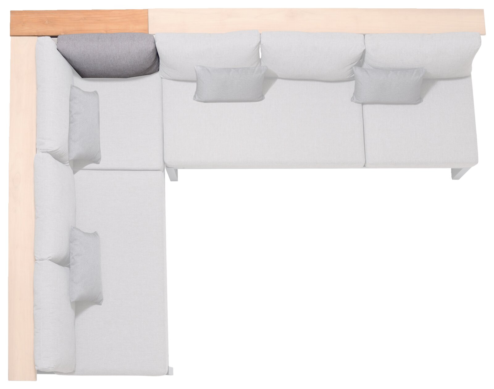 Eck-Rückenlehne in L-Form, Ansicht von oben, mit hellgrauen Kissen und Holzdetails.