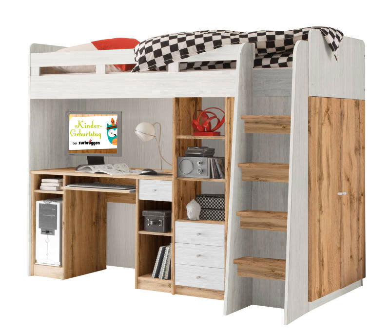 Hochbett mit integriertem Schreibtisch und Stauraum, seitliche Leiter, Frontansicht