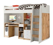 Hochbett mit integriertem Schreibtisch und Stauraum, seitliche Leiter, Frontansicht