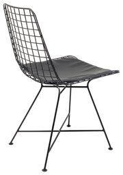 Moderner schwarzer Drahtstuhl mit Sitzpolster, seitliche Perspektive