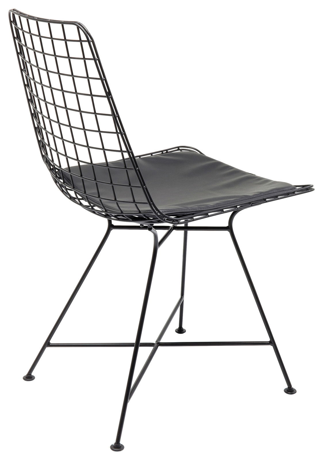 Moderner schwarzer Drahtstuhl mit Sitzpolster, seitliche Perspektive