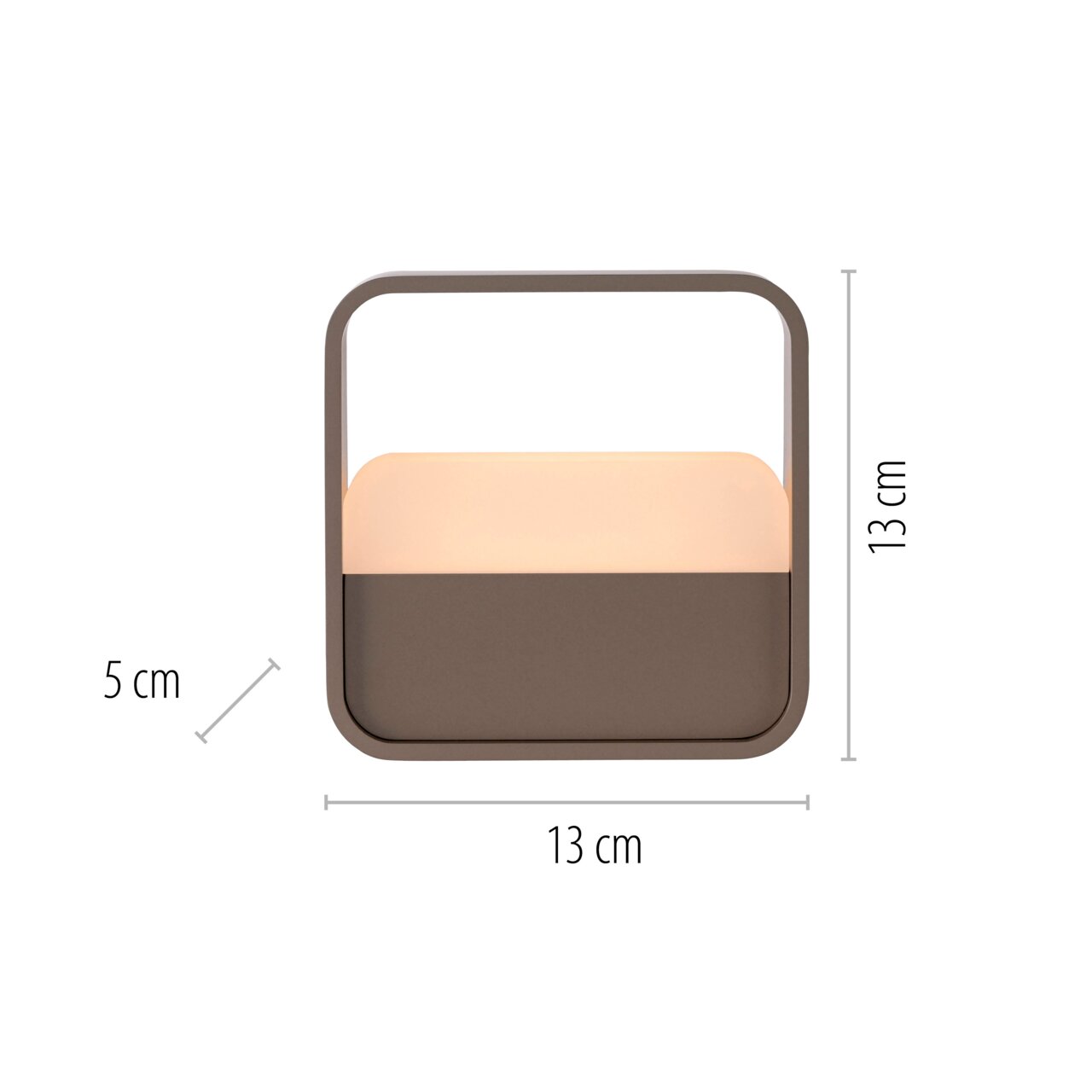 Frontansicht der Tischleuchte PURE Go mit rechteckigem Design, 13 cm hoch und 13 cm breit, mit einem Griff oben.