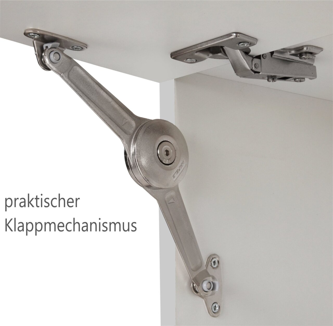 Nahaufnahme eines praktischen Klappmechanismus in einer Eck-Küchenzeile, seitliche Perspektive.