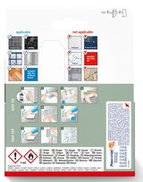 Rückseite einer Verpackung mit Anweisungen zur Anwendung und Entfernung von Klebestreifen, geeignet für glatte Oberflächen wie Fliesen und Metall, nicht geeignet für Tapeten und Putz.