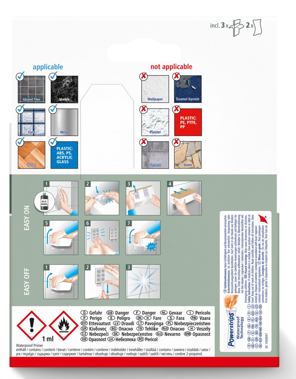 Achterkant van een verpakking met instructies voor het aanbrengen en verwijderen van plakstrips, geschikt voor gladde oppervlakken zoals tegels en metaal, niet geschikt voor behang en pleisterwerk.