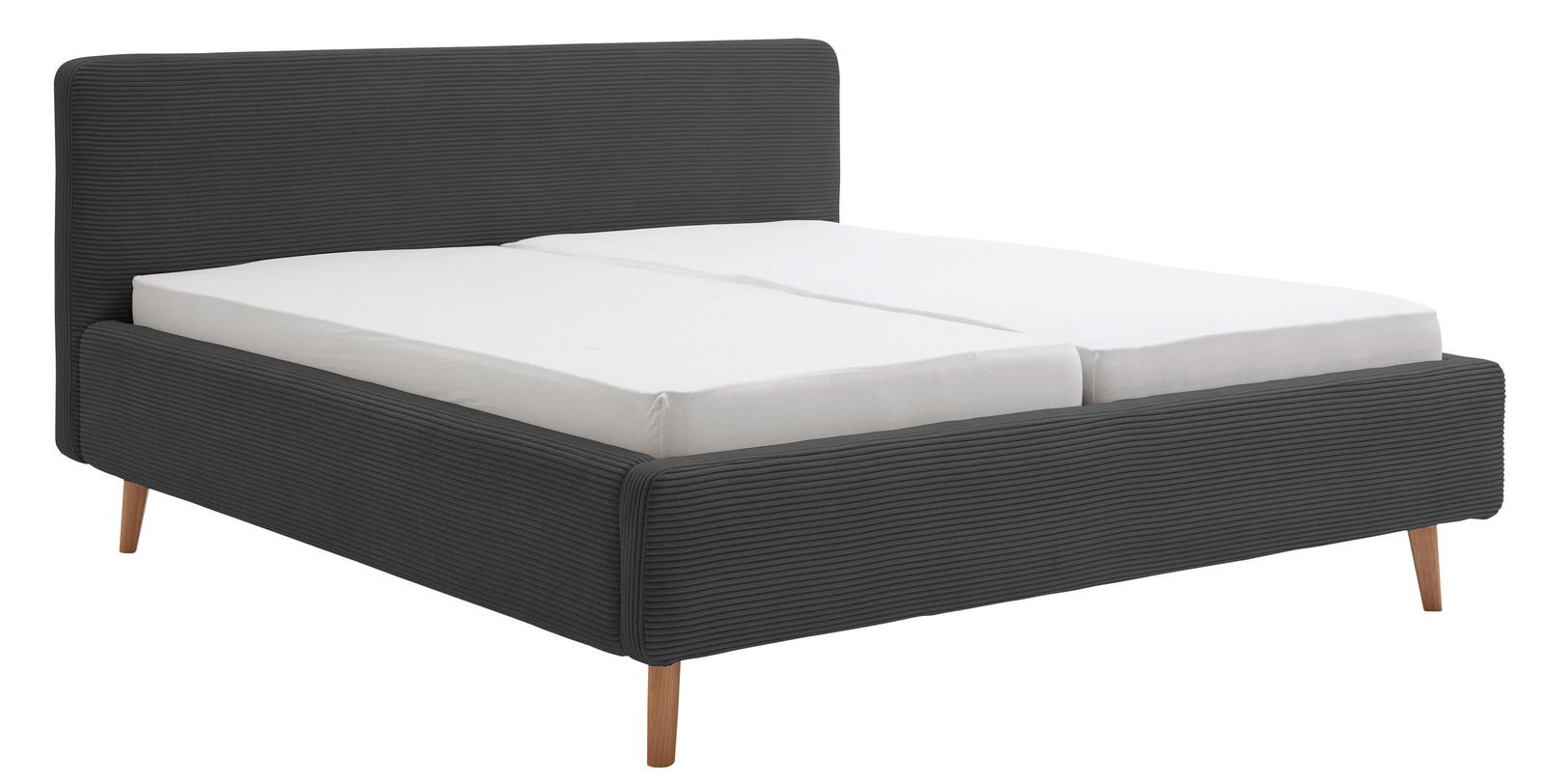 Polsterbettgestell in dunklem Stoff mit Holzfüßen, seitliche Perspektive