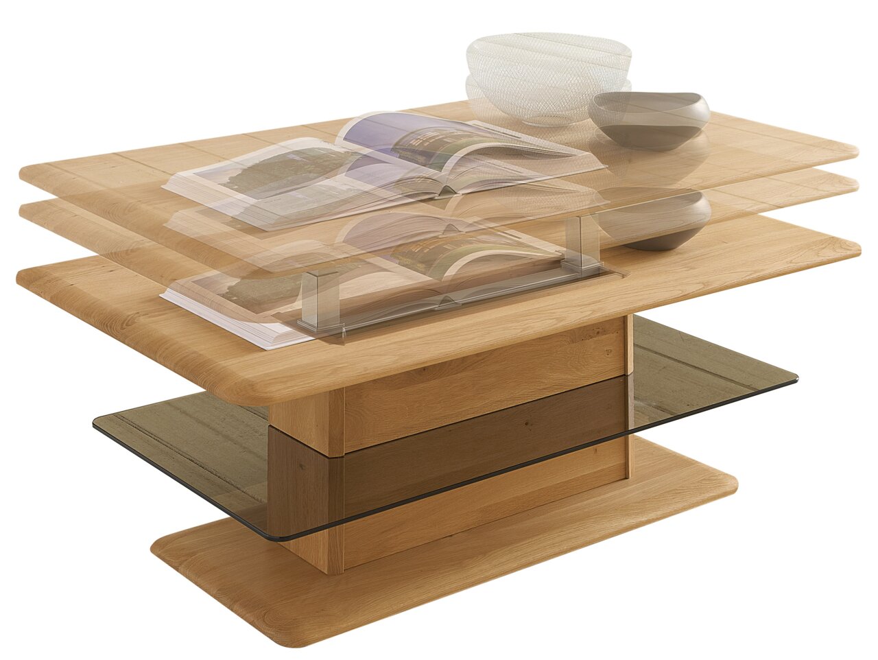 Moderne houten salontafel met verstelbaar tafelblad en glazen plank, zijaanzicht