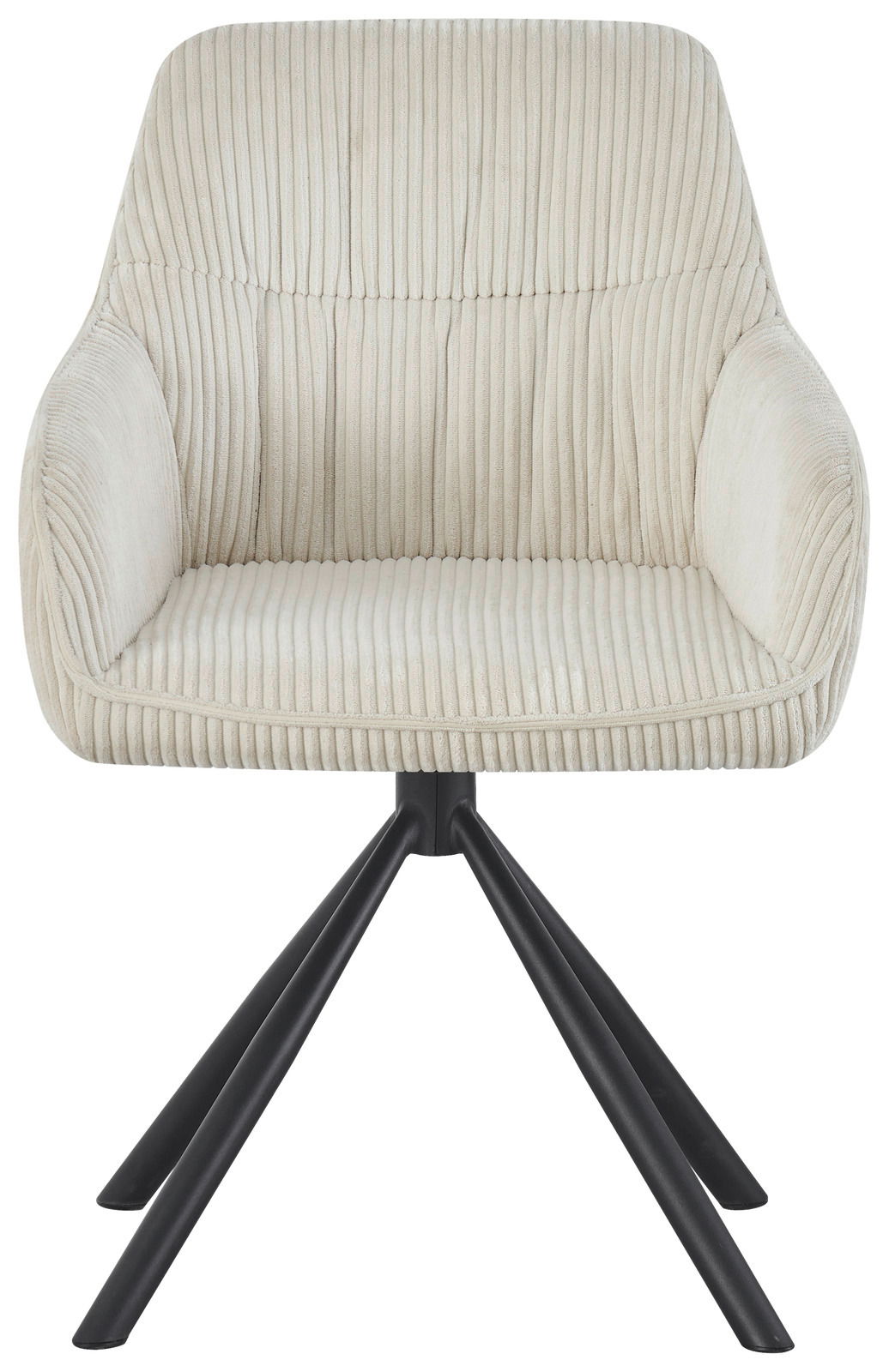 Frontansicht eines modernen Armlehnstuhls mit cremefarbenem, geripptem Stoffbezug und schwarzen Metallbeinen.