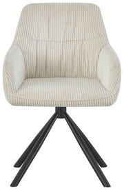 Frontansicht eines modernen Armlehnstuhls mit cremefarbenem, geripptem Stoffbezug und schwarzen Metallbeinen.