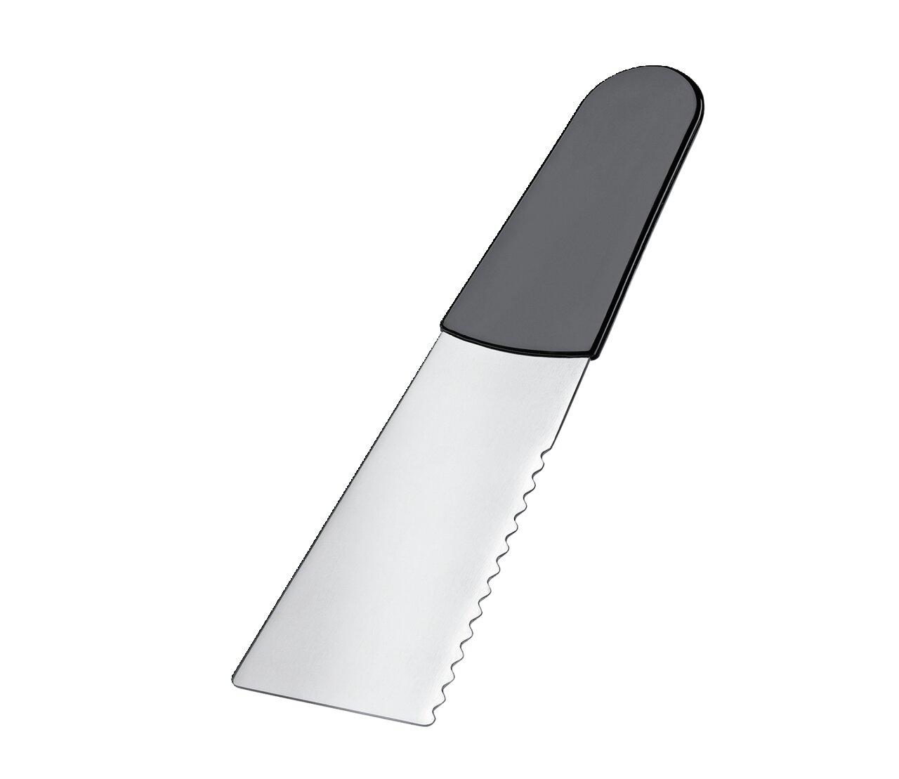 Raclette-Spachtel mit schwarzem Griff und gezackter Kante, seitliche Perspektive